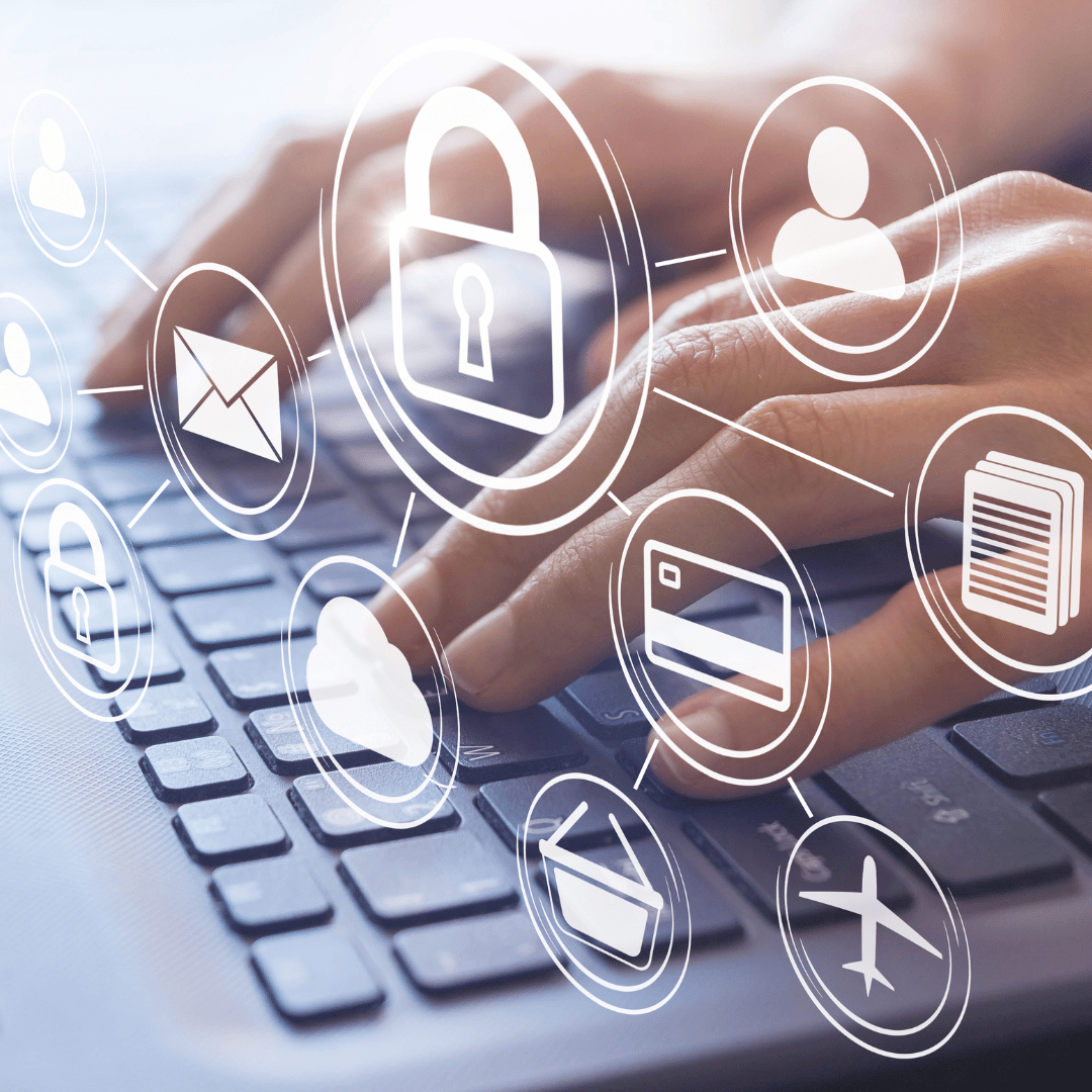 A person's hands typing on a laptop keyboard with a network of security and online service icons overlaid, including a lock, user profile, email, documents, credit card, shopping cart, cloud, and airplane.