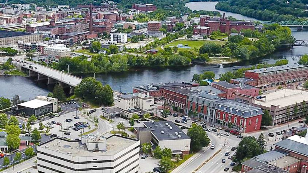 An aerial photo of the Lewiston-Auburn community