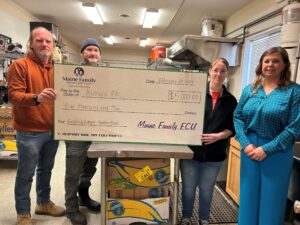 A group of people posing for a photo in a commercial kitchen, holding a big check.