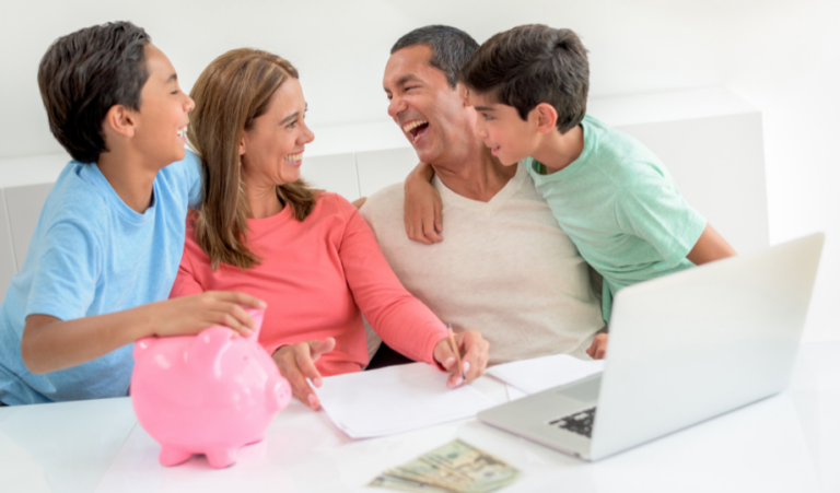 Happy family saving money