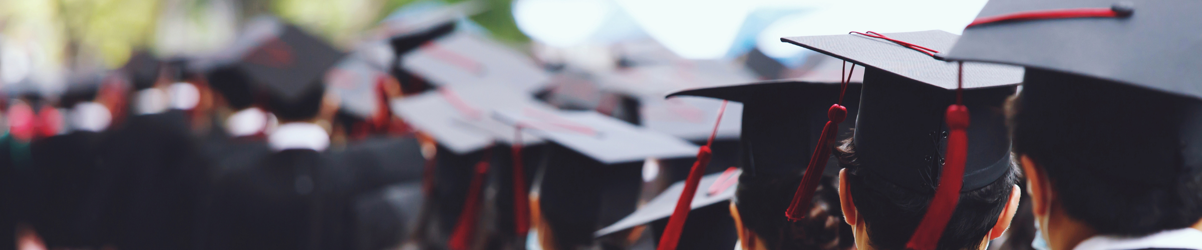 The tops of the heads of a group of graduates wearing their caps, shown from behind.