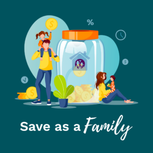 A family putting coins into a savings jar
