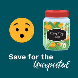 A surprised emoji face next to a "rainy day fund" jar of money