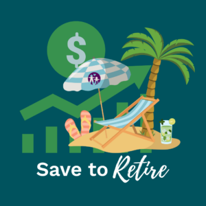 A peaceful retirement scene with a beach chair under an umbrella with a savings graph subtly in the background.